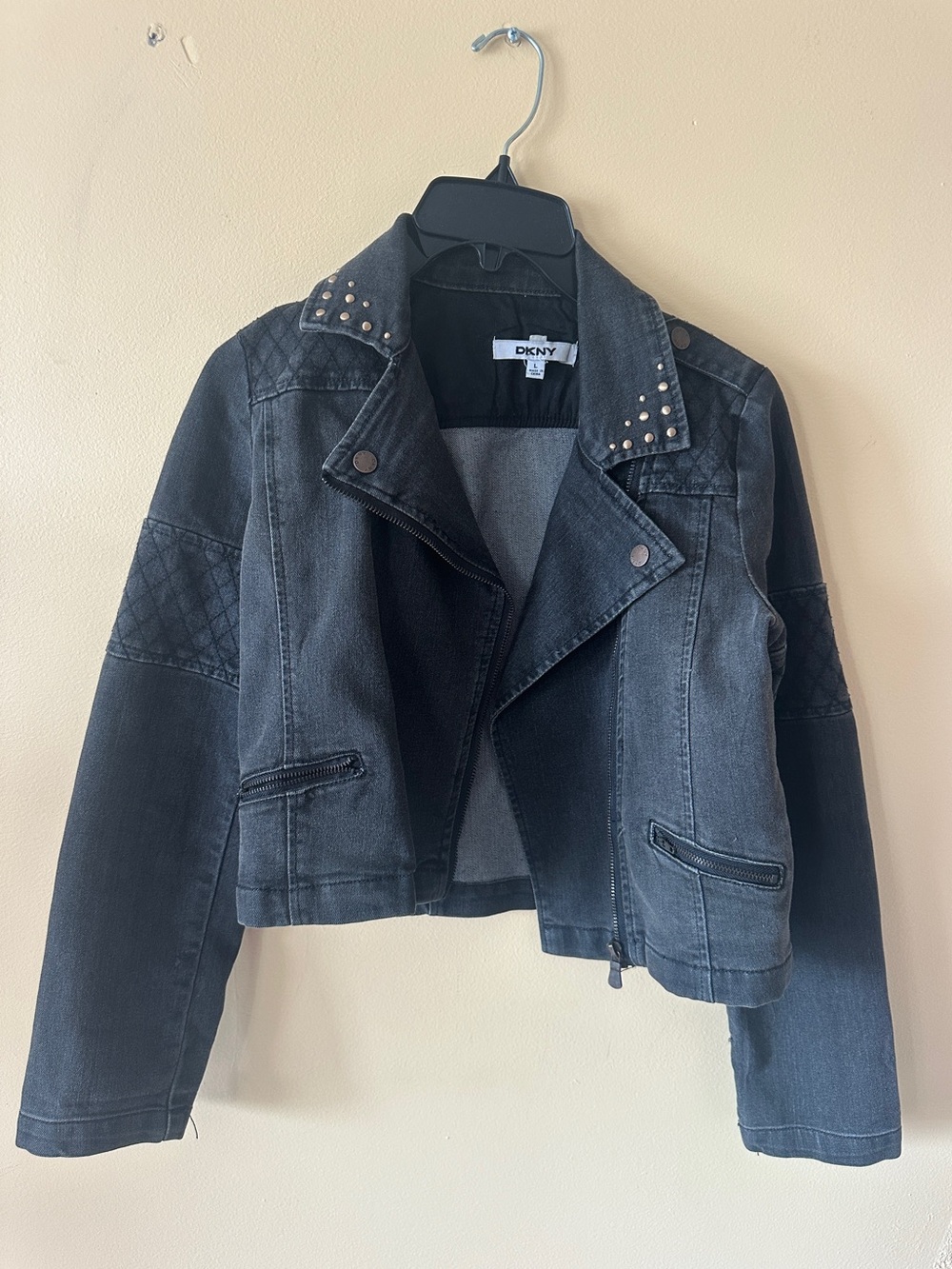 DKNY Cropped Moto Denim Jacket | Dark Wash | XS/Small Fit